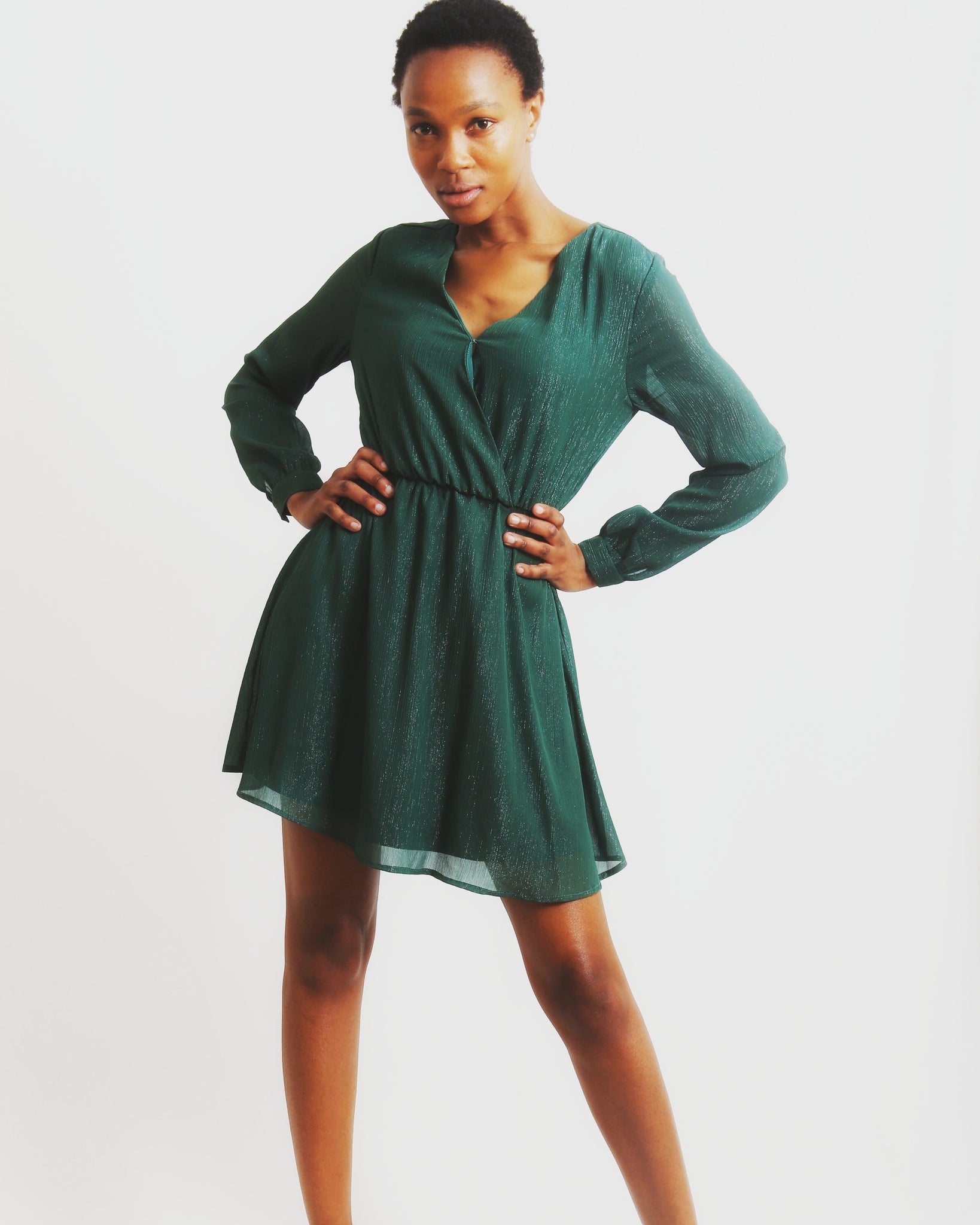 Metallic Deep V-neck short dress - Pine ...